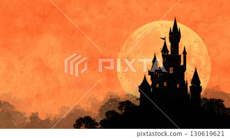 Gothic castle silhouette watercolor with orange Halloween moon 130619621