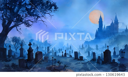 Silhouette graveyard watercolor painting with eerie moonlight and castle in distance Silhouette graveyard watercolor painting with eerie moonlight and castle in distance 130619643