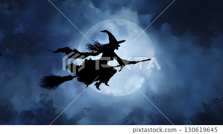 Witch flying on broom watercolor silhouette with large glowing moon backdrop 130619645