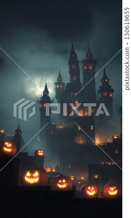 3D illustration of spooky haunted castle with glowing jack o lanterns dramatic lighting 130619655