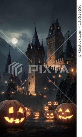 3D illustration of spooky haunted castle with glowing jack o lanterns dramatic lighting 3D illustration of spooky haunted castle with glowing jack o lanterns dramatic lighting 130619656