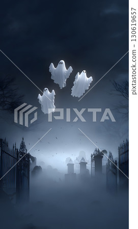 Halloween night 3D ghosts flying over graveyard volumetric fog soft shadows Halloween night 3D ghosts flying over graveyard volumetric fog soft shadows 130619657