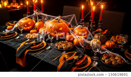 Halloween dinner party table, decorated with glowing jack-o'-lanterns, candles, and spooky spiderwebs. Halloween dinner party table, decorated with glowing jack-o'-lanterns, candles, and spooky spiderwebs. 130619691