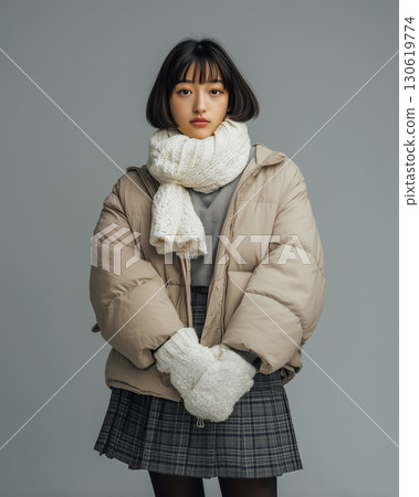 穿著冬季寒冷天氣時尚的女性肖像 | 蓬鬆的圍巾和羽絨服營造出可愛的印象 130619774