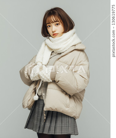 穿著冬季寒冷天氣時尚的女性肖像 | 蓬鬆的圍巾和羽絨服營造出可愛的印象 穿著冬季寒冷天氣時尚的女性肖像 | 蓬鬆的圍巾和羽絨服營造出可愛的印象 130619775