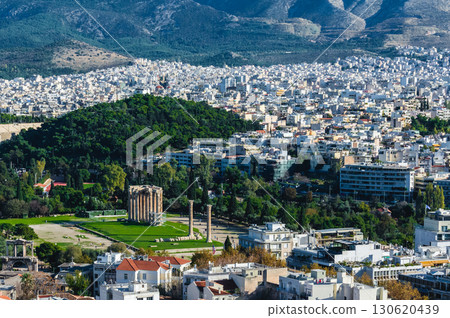 Temple of Olympian Zeus surrounded by greenery and Athens cityscape, Greece. 130620439