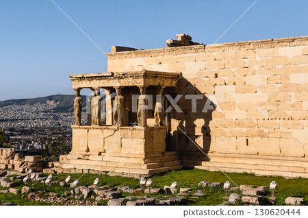 Erechtheion Caryatids porch with Athens city view, Acropolis, Greece. Erechtheion Caryatids porch with Athens city view, Acropolis, Greece. 130620444