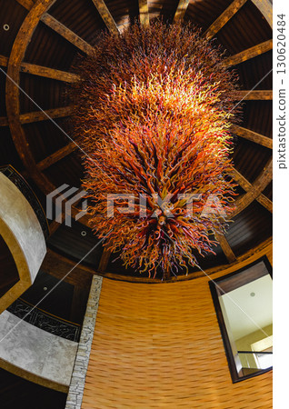 Glass chandelier sculpture with vibrant colors in Parnitha, Greece. Glass chandelier sculpture with vibrant colors in Parnitha, Greece. 130620484