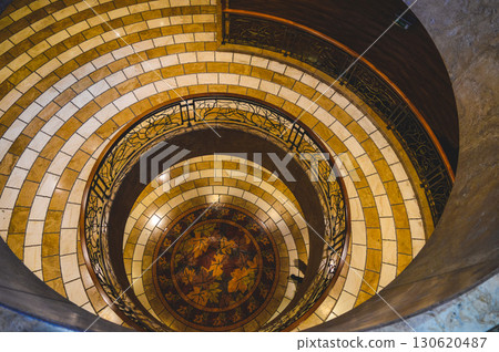 Spiral marble staircase with mosaic floor in Parnitha, Greece. 130620487