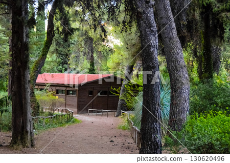 Wooden house among trees at Diomedes Botanic Garden in Chaidari, Athens, Greece. Wooden house among trees at Diomedes Botanic Garden in Chaidari, Athens, Greece. 130620496
