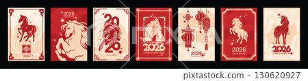 Chinese New Year 2026 postcard set, vector hand drawn oriental poster zodiac horse symbol silhouette 130620927