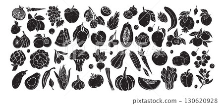 Vegetables fruit hand drawn icon set, vector organic vegetarian food fresh healthy diet illustration 130620928