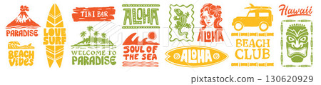 Aloha Hawaii logo set, vector hand drawn summer badge, tropical ocean beach print design, surfboard. Aloha Hawaii logo set, vector hand drawn summer badge, tropical ocean beach print design, surfboard. 130620929