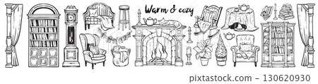 Vintage furniture doodle set, castle interior living room object illustration, cozy hand drawn home. Vintage furniture doodle set, castle interior living room object illustration, cozy hand drawn home. 130620930