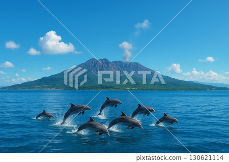 Sakurajima and dolphins leaping in the blue sea 130621114
