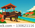 Illustration of Okinawan water buffalo cart and red-tiled house 130621116
