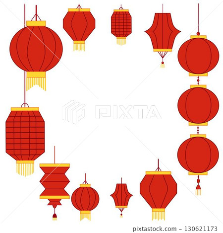 Chinese paper cutting red lanterns on transparent background. Round circle frame template. Vector graphic illustration Chinese paper cutting red lanterns on transparent background. Round circle frame template. Vector graphic illustration 130621173