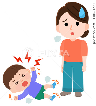 Illustration of a boy having a tantrum and thrashing around on the floor and a troubled woman 130621279