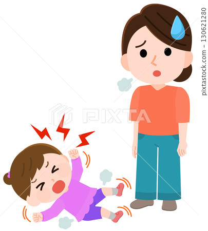 Illustration of a girl having a tantrum and thrashing around on the floor and a troubled woman 130621280