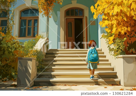 Painting of a young girl with a blue backpack standing at the steps of a school entrance. 130621284