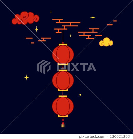 CNY, happy new year chinese holiday celebration. Night vector cartoon composition with lantern and clouds.  Vector in flat style 130621293