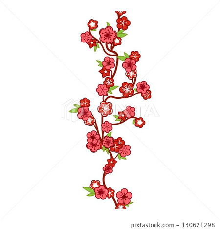 Pink blossoming cherry branch vertical seamless border, pattern. vector graphic illustration 130621298