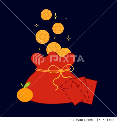 Minimalist CNY composition with red bag, gold coins, mandarin and red envelopes. Spring Festival backdrop of a glowing lucky bag Dark background, vector cartoon illustration 130621308