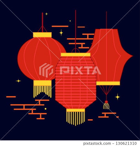 Vector colorful lanterns of Mid Autumn Festival. China red lanterns at night vector cartoon composition. Flat modern composition of colorful paper lanterns Vector colorful lanterns of Mid Autumn Festival. China red lanterns at night vector cartoon composition. Flat modern composition of colorful paper lanterns 130621310