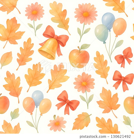 Seamless watercolor autumn pattern with oak leaves, daisies, apples, balloons, red bows 130621492