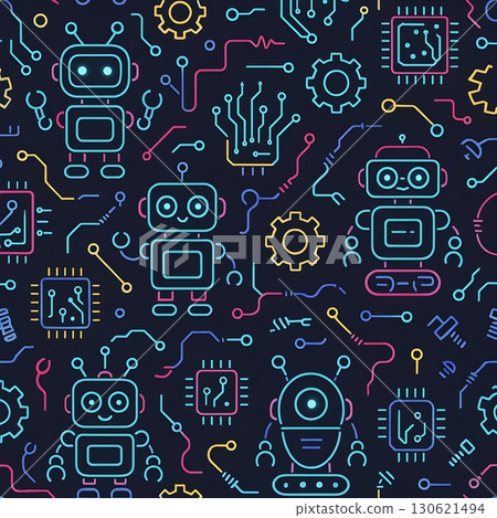 Seamless neon line art pattern of cute robots, microchips, circuits and gears on dark background. 130621494