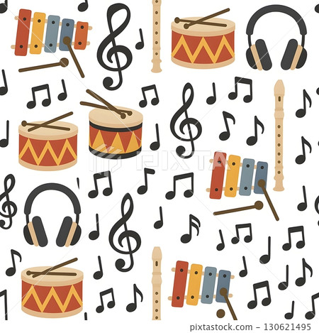 Seamless music pattern with drums, xylophones, recorders, notes, clefs, and headphones on white. 130621495