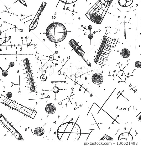 Seamless hand-drawn science pattern of math formulas, geometry sketches, rulers, molecules 130621498