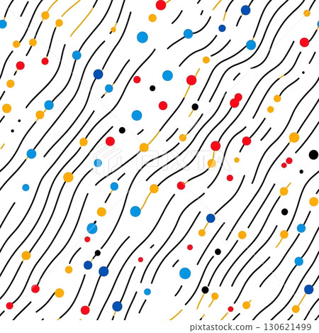 Abstract seamless pattern with wavy black lines and scattered red, blue, yellow dots on white. 130621499