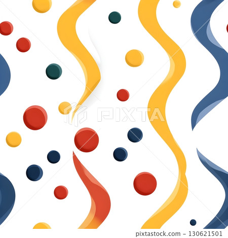 Seamless abstract pattern with glossy wavy ribbons and scattered round dots in yellow, red, blue Seamless abstract pattern with glossy wavy ribbons and scattered round dots in yellow, red, blue 130621501
