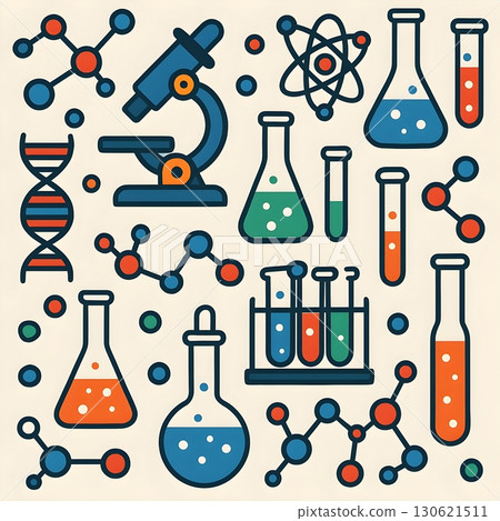 Flat pattern of science lab icons microscope, flasks, test tubes, DNA, molecules 130621511