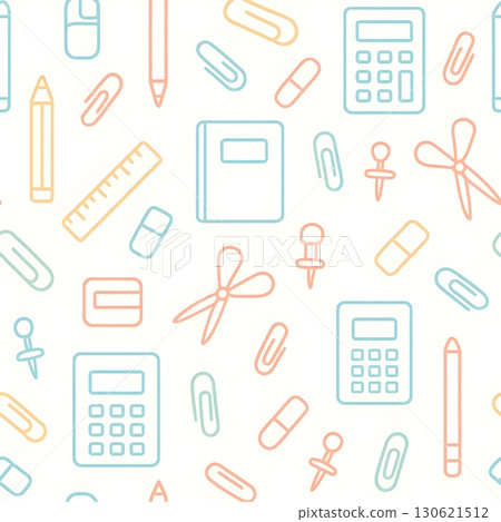 Seamless pattern of pastel line school stationery: pencils, rulers, notebooks, calculators, scissors 130621512