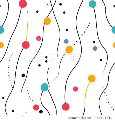 Abstract pattern with wavy black lines, colored circles and dots on a white background. 130621519