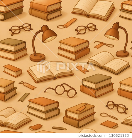 Seamless book pattern in warm colors: open volumes, stacks, glasses, table lamps Seamless book pattern in warm colors: open volumes, stacks, glasses, table lamps 130621523