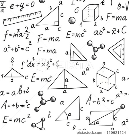 A handwritten educational pattern with mathematical formulas, geometric shapes A handwritten educational pattern with mathematical formulas, geometric shapes 130621524