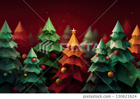 Small forest of green low poly christmas trees with shiny colored ball, golden star at the top, red background Small forest of green low poly christmas trees with shiny colored ball, golden star at the top, red background 130621624