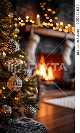 living room decorated for Christmas, warm yellow fairy lights, Christmas tree with ornaments, fireplace with stockings living room decorated for Christmas, warm yellow fairy lights, Christmas tree with ornaments, fireplace with stockings 130621626