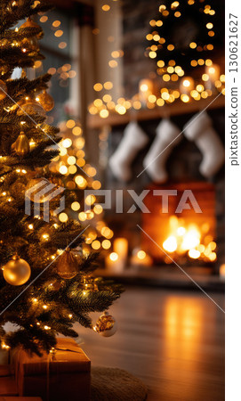 living room decorated for Christmas, warm yellow fairy lights, Christmas tree with ornaments, fireplace with stockings living room decorated for Christmas, warm yellow fairy lights, Christmas tree with ornaments, fireplace with stockings 130621627