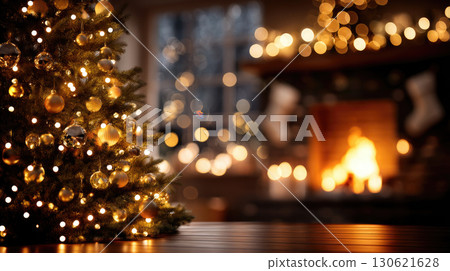 living room decorated for Christmas, warm yellow fairy lights, Christmas tree with ornaments, fireplace with stockings living room decorated for Christmas, warm yellow fairy lights, Christmas tree with ornaments, fireplace with stockings 130621628