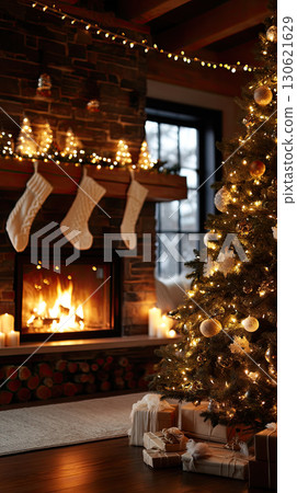 living room decorated for Christmas, warm yellow fairy lights, Christmas tree with ornaments, fireplace with stockings living room decorated for Christmas, warm yellow fairy lights, Christmas tree with ornaments, fireplace with stockings 130621629