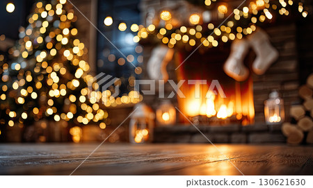 living room decorated for Christmas, warm yellow fairy lights, Christmas tree with ornaments, fireplace with stockings living room decorated for Christmas, warm yellow fairy lights, Christmas tree with ornaments, fireplace with stockings 130621630