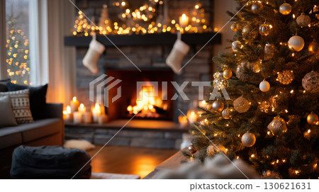 living room decorated for Christmas, warm yellow fairy lights, Christmas tree with ornaments, fireplace with stockings living room decorated for Christmas, warm yellow fairy lights, Christmas tree with ornaments, fireplace with stockings 130621631