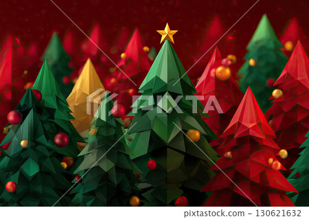 Small forest of green low poly christmas trees with shiny colored ball, golden star at the top, red background Small forest of green low poly christmas trees with shiny colored ball, golden star at the top, red background 130621632