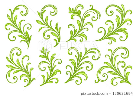 Set of green floral swirl elements, perfect for decorating invitations, scrapbooks Set of green floral swirl elements, perfect for decorating invitations, scrapbooks 130621694