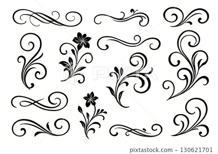 A collection of black flourish elements with floral motifs. A collection of black flourish elements with floral motifs. 130621701