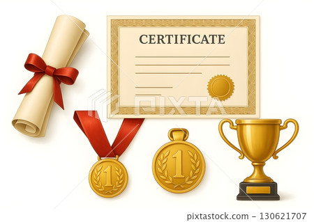 Awards set: certificate with seal, diploma scroll with red bow, gold medals with laurel number one 130621707